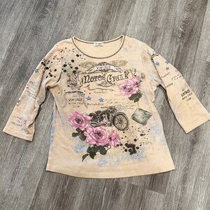 Vintage motorcycle club graphic tee 3/4 sleeve tan beige small
